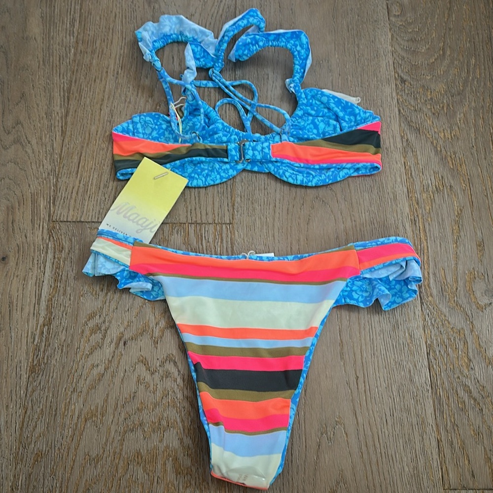 Maaji Blue Floral/ Colorful Striped Reversible Bikini Set - Picture 7 of 7